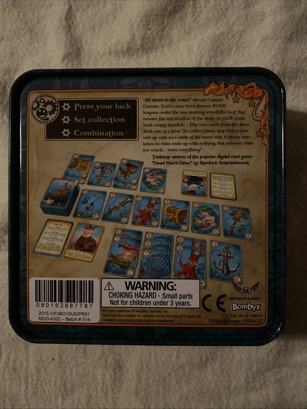Captain Carcass Game. Tin Box . Mayday Games Dead Man’s Draw. Complete
