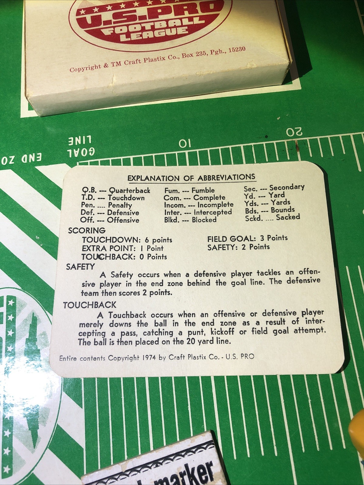 Vintage 1974 U.S Pro Football Board Game. Rare! Large 26”x19” Craft Plastix Co.