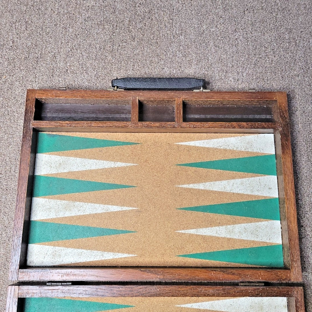 Vintage Backgammon Set-cork Board Green/white Points Marbled Chips Wood Case.