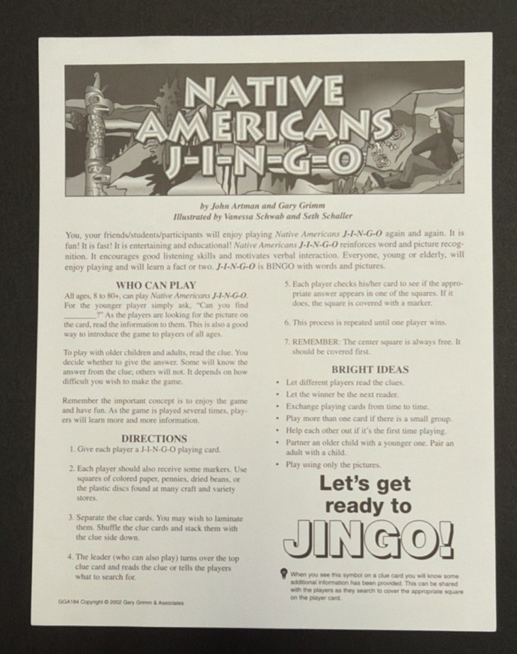 Vintage 2002 JINGO Native Americans Bingo Trivia Educational Game-Gary Grimm