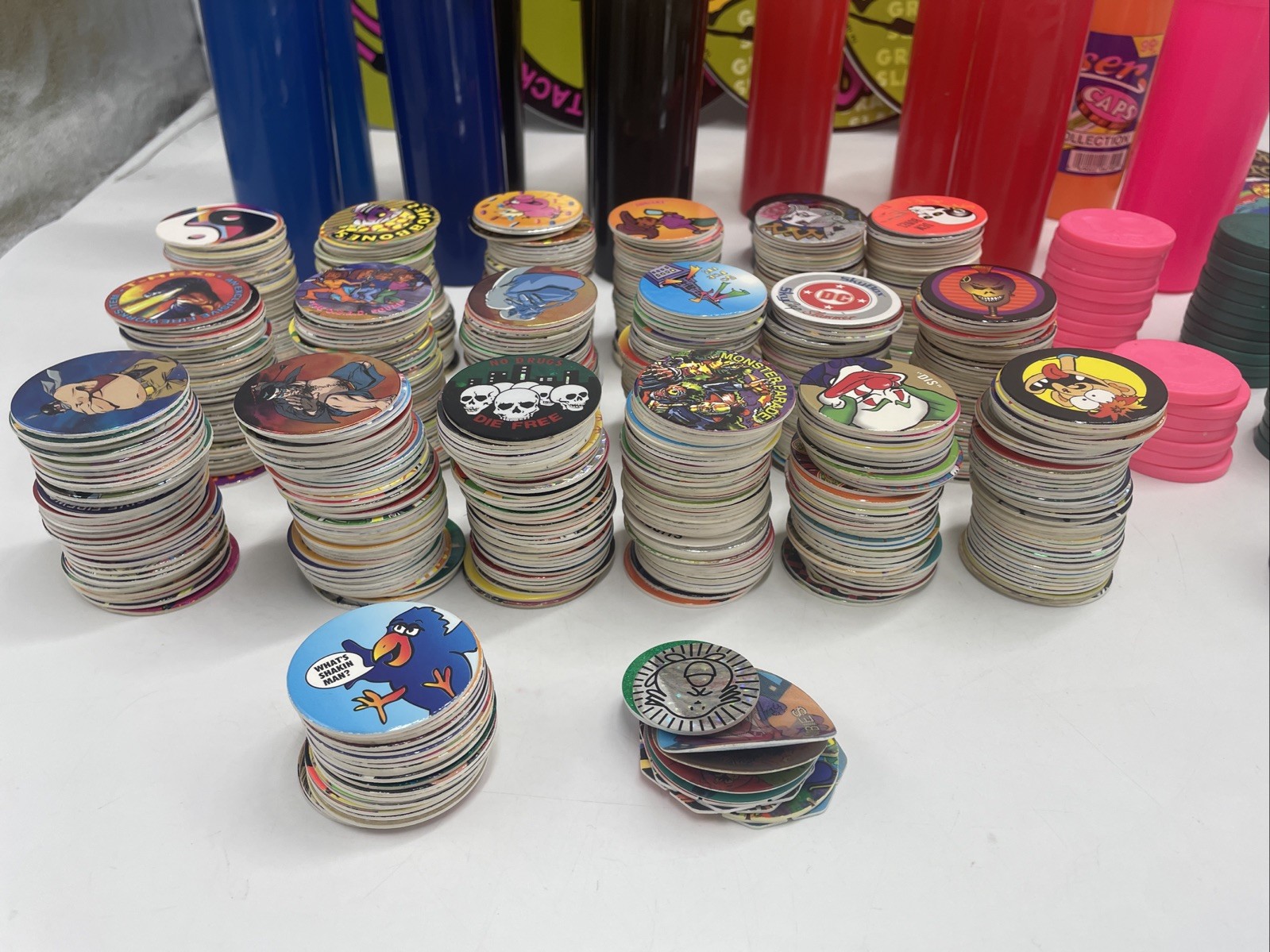 Large POGS Lot (825+ Milk Caps, 130+ Slammers, 10 Game Pads, 13 Tubes)