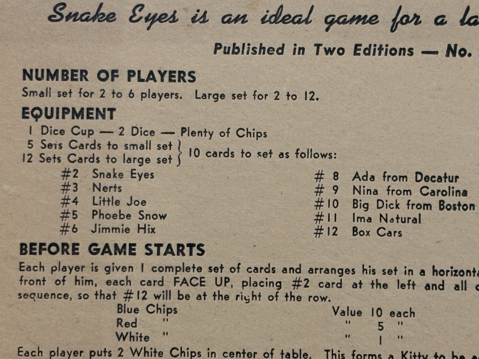 Snake Eyes, Selchow & Righter