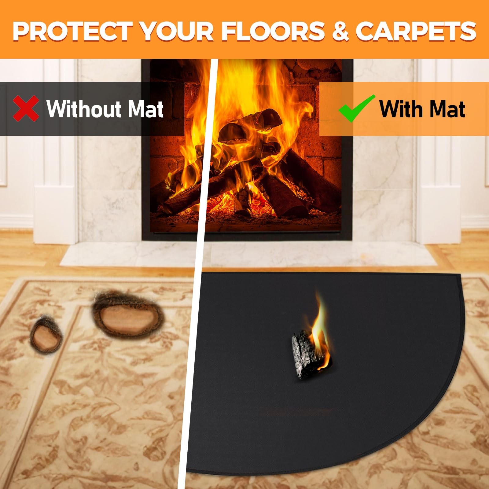 Fireplace Mat Fireproof, 2′ x 3’6” x 0.04” x 3’6″ (Semicircular), Black