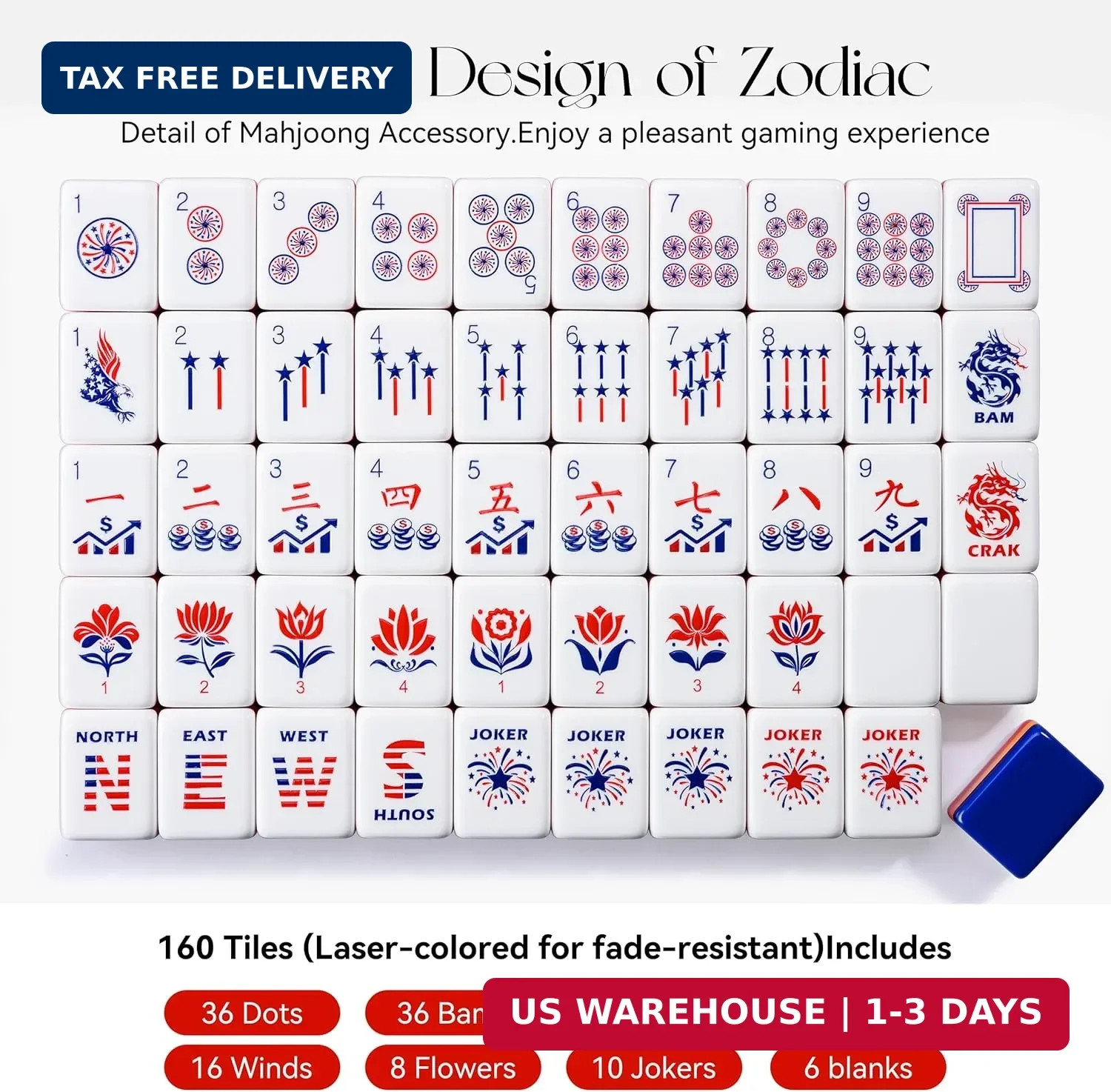 American Mahjong Set, 160 Pcs 4-Layer Colorful Acrylic USA Patriotic Tiles, Comp