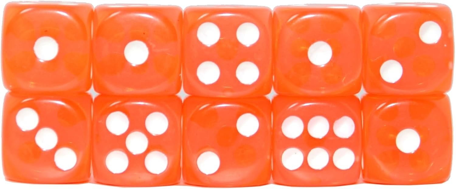 10-Pack 16mm Transparent D6 Dice in Orange – Perfect for Tabletop Gaming