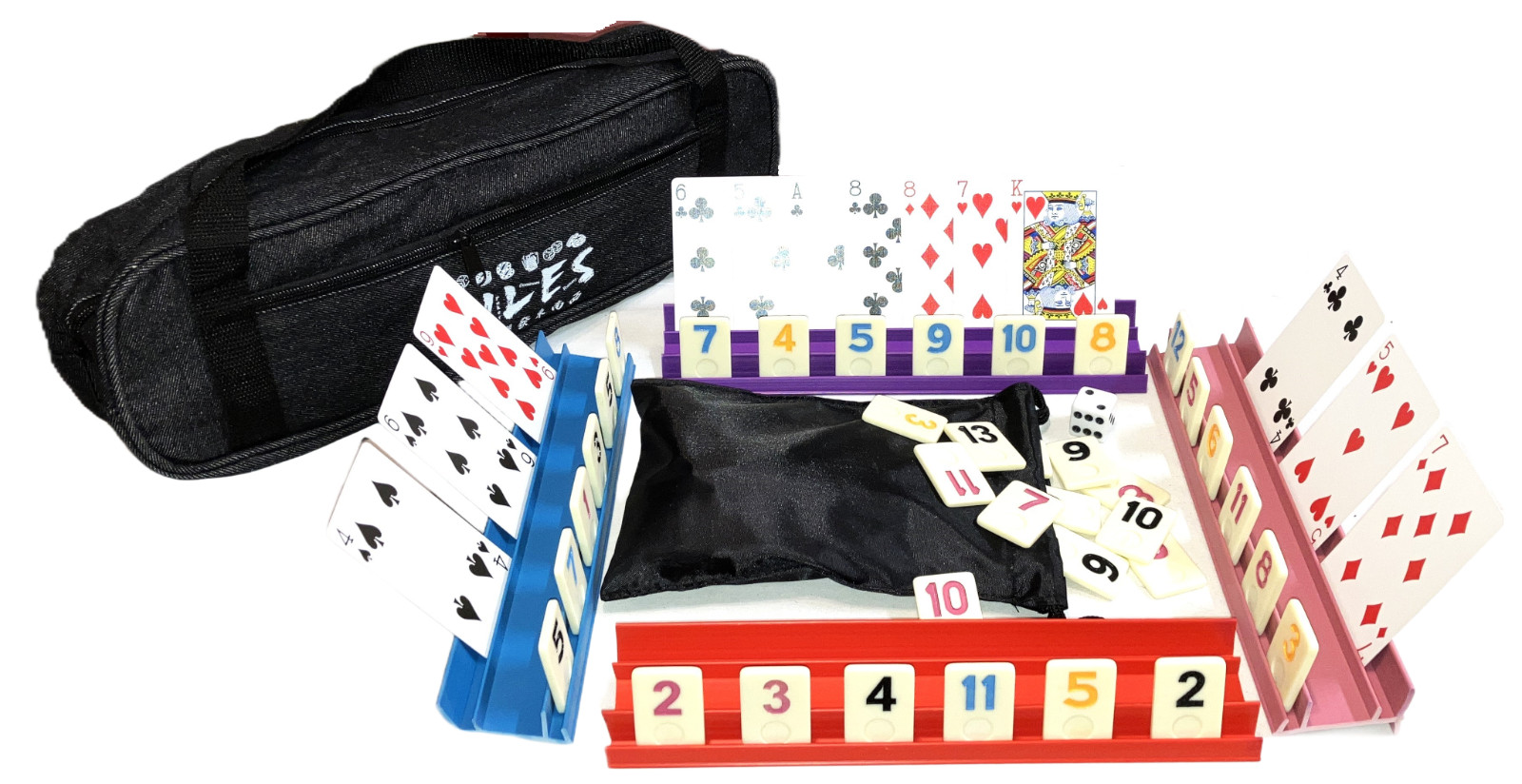 Rummy Tiles Games Set 4 Color Racks In Denim Bag Resin 106 Tiles Rummi 2 Bags
