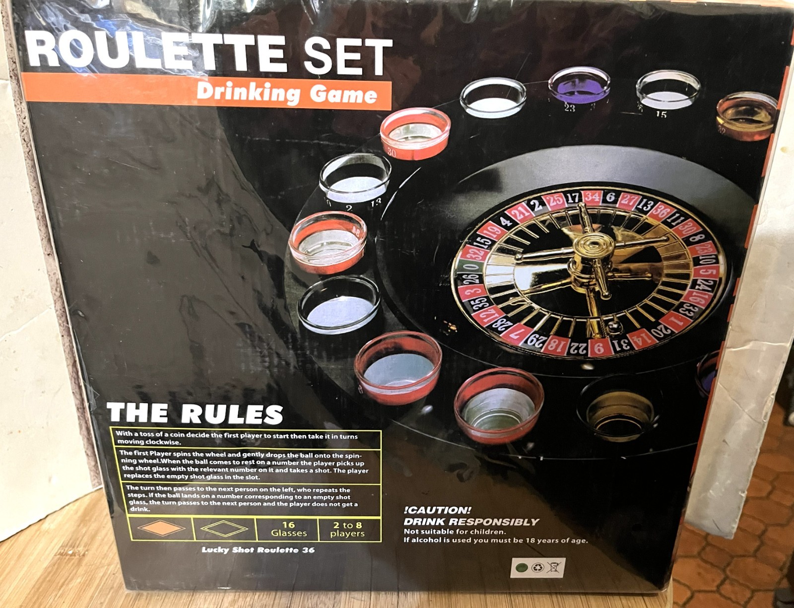 NEW IN BOX BETTER LINE ROULETTE SET DRINKING GAME 16 GLASSES, 2 TO 8 PLAYERS