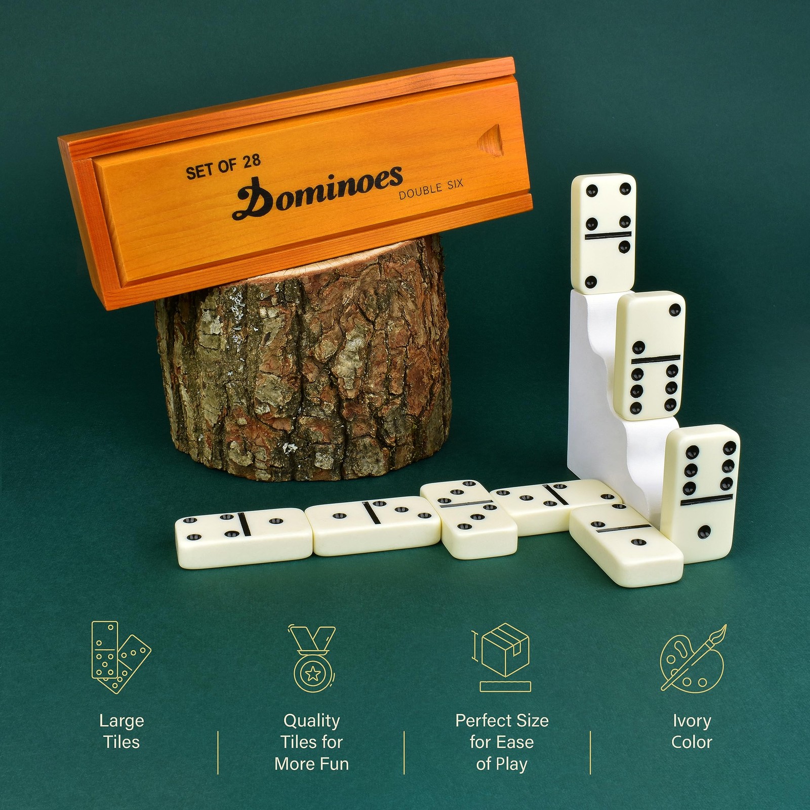 Jumbo Dominoes Set Double 6 28 Tiles Large Ivory Wood Case Family Game