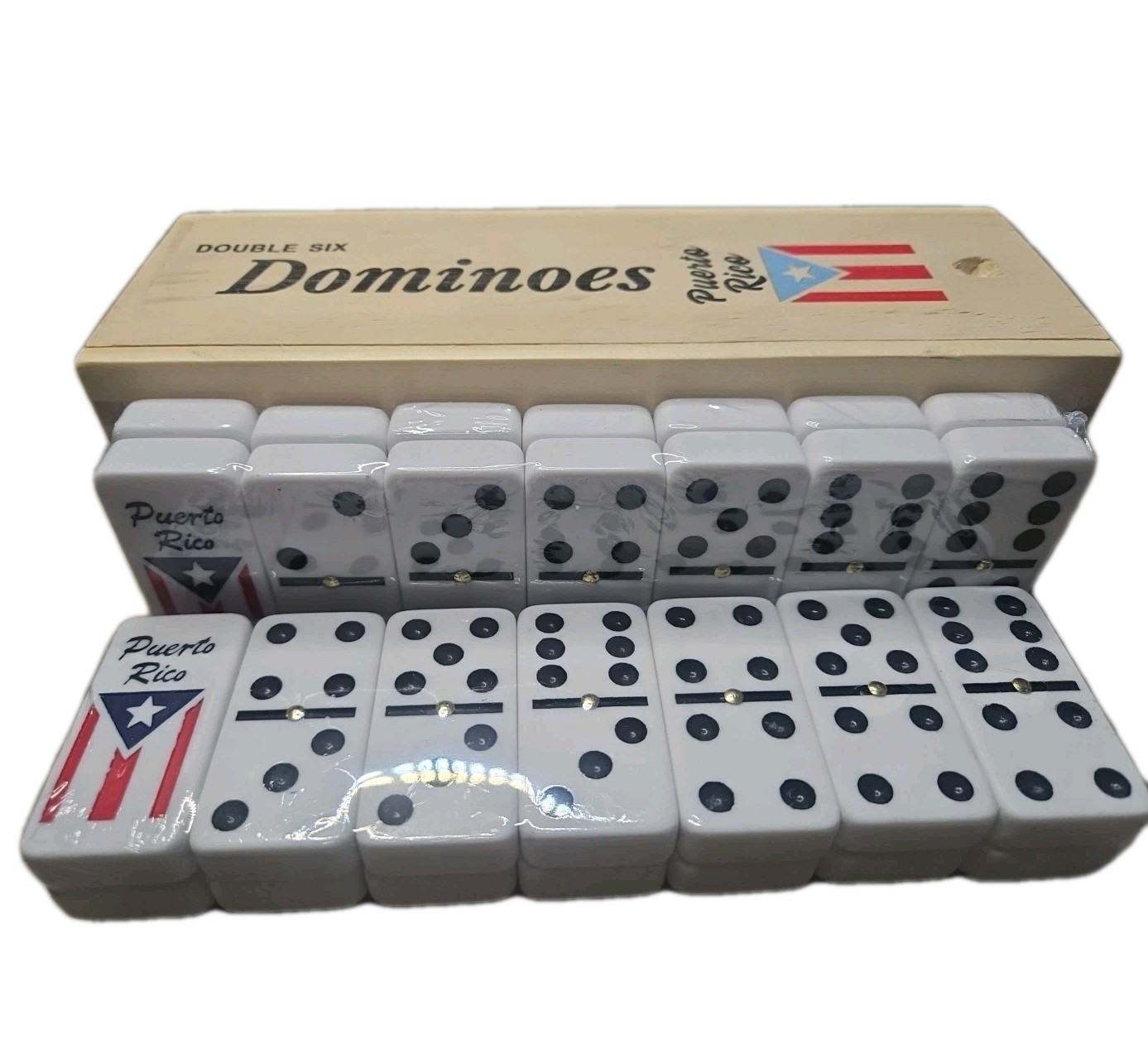 DOUBLE SIX BIG DOMINOES PUERTO RICO FLAG WITH WOODEN CASE DOBLE 6
