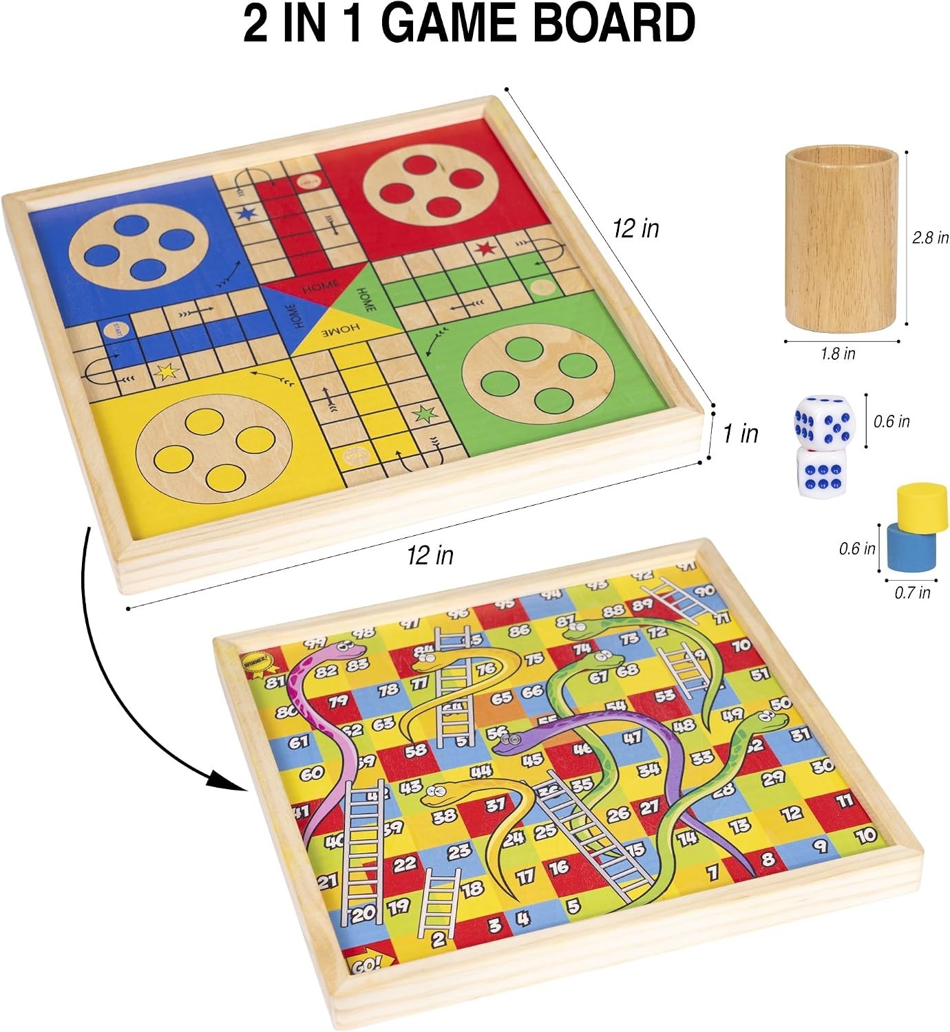 12″ Wooden Ludo & Snakes Ladders Board Game 2-in-1 Family Classic Set