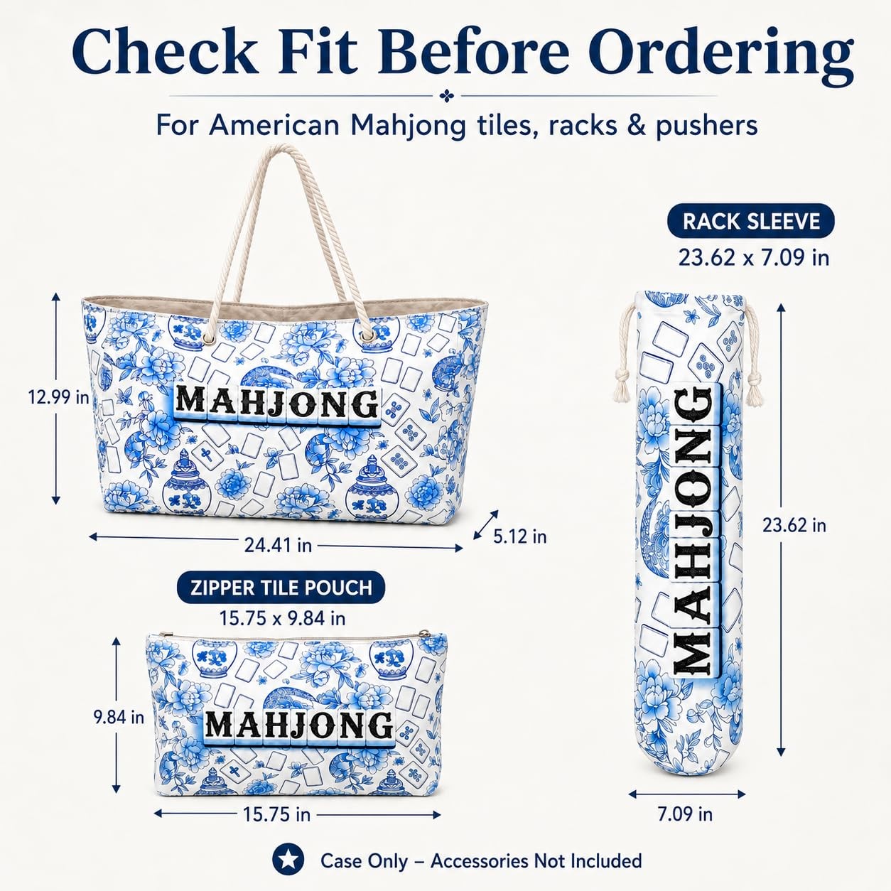 3 Pcs Empty American Mahjong Bags for Tiles and Racks and Mat, Blue Floral Ma…