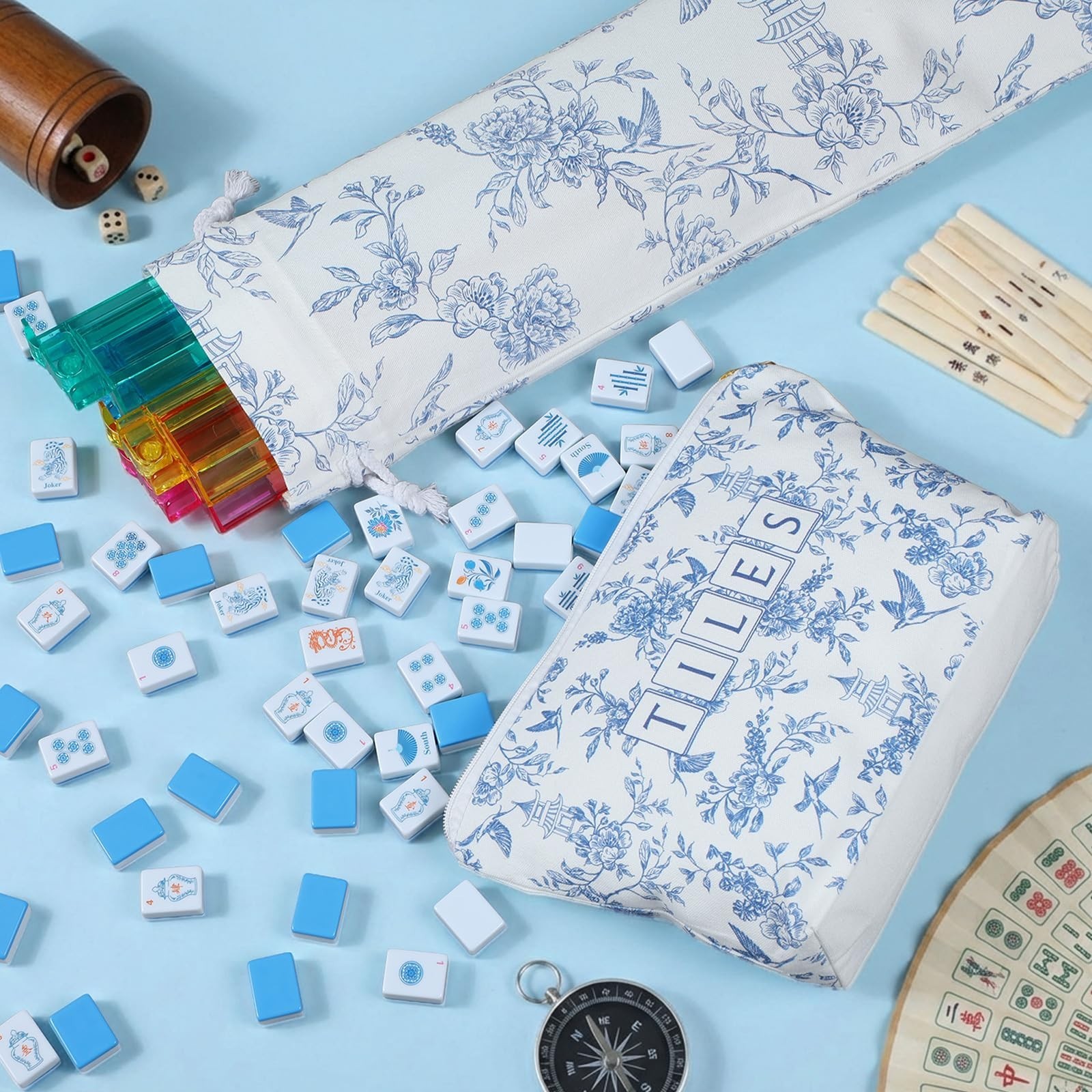 Ceenna 271 Pcs Chinoiserie American Mahjong Tiles Set, 160 Blue Tiles Mah Jon…