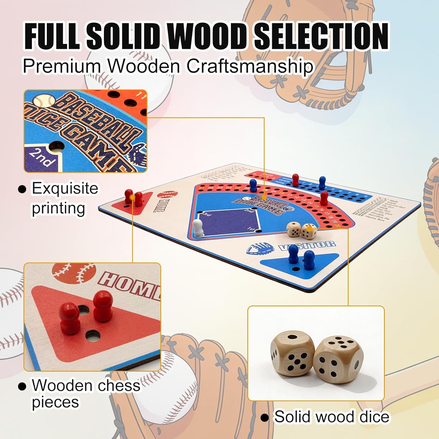 Baseball Board Game, Solid Oak Wooden Baseball Dice Table Game with 20mm Thick B
