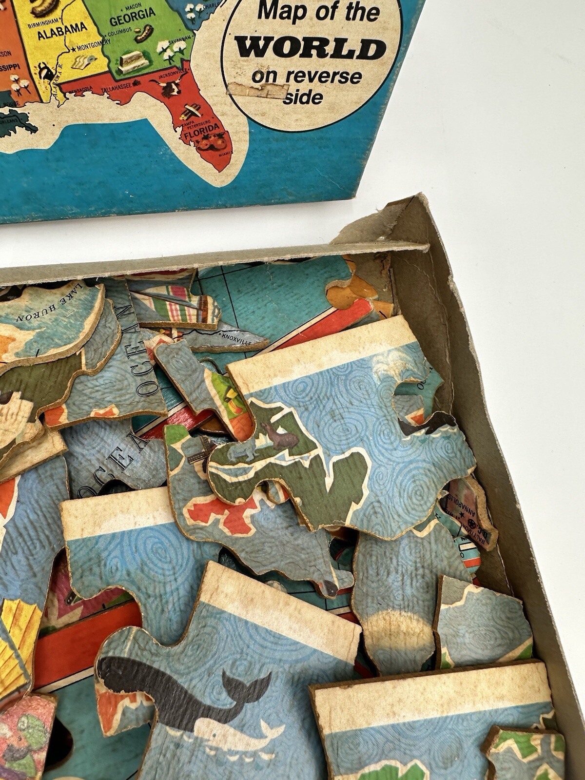 Vintage Wood Puzzle 1975 – Map of the United States and World (Reverse Side)