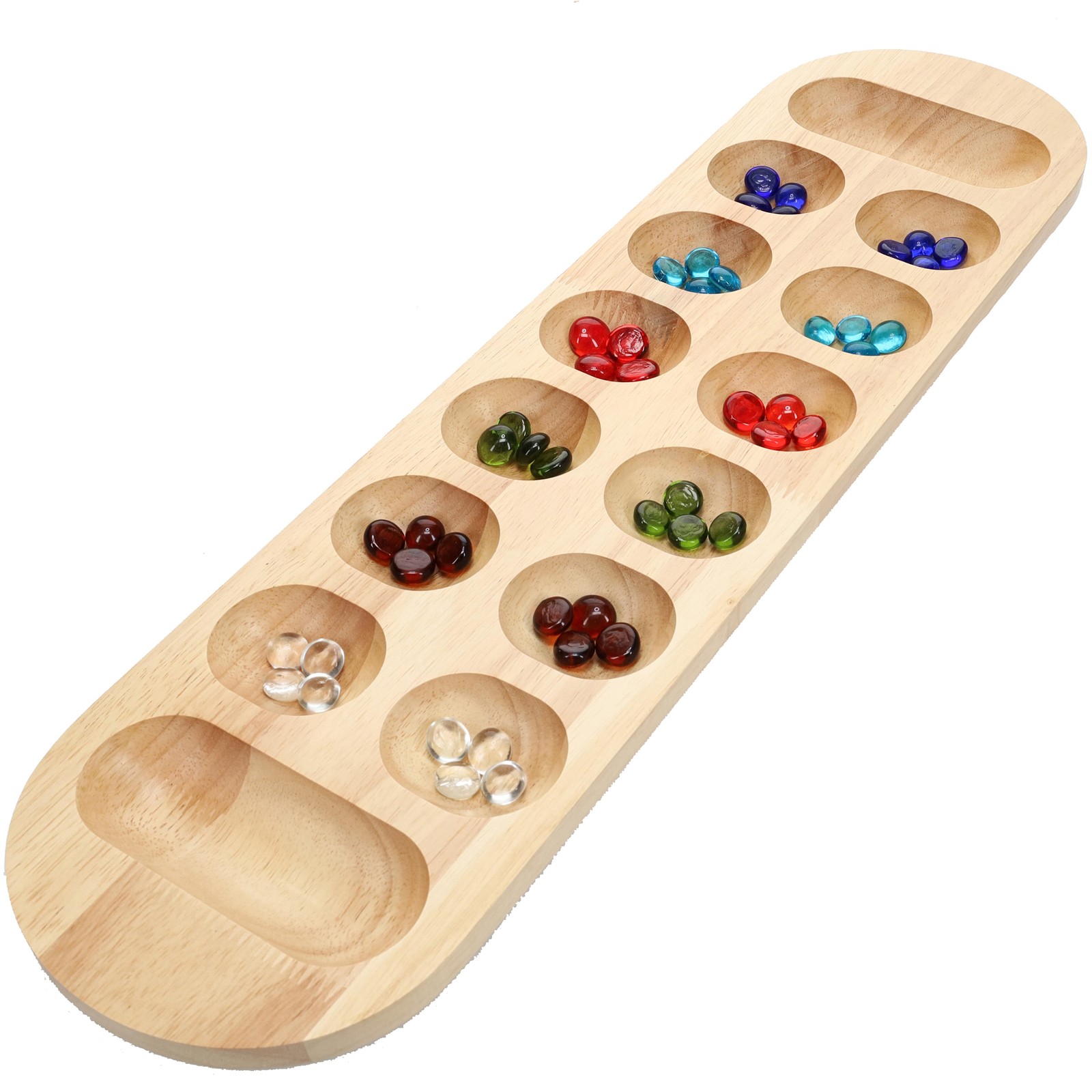 WE Games Mancala Board Game – 22 in., Solid Natural Wood Board and Glass Stones