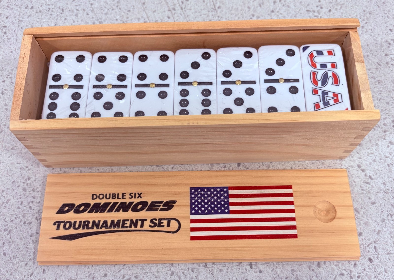 Domino Set of 28 Double Six Dominoes Wood Box Center Pins Easy Flip, FREE SHIP!