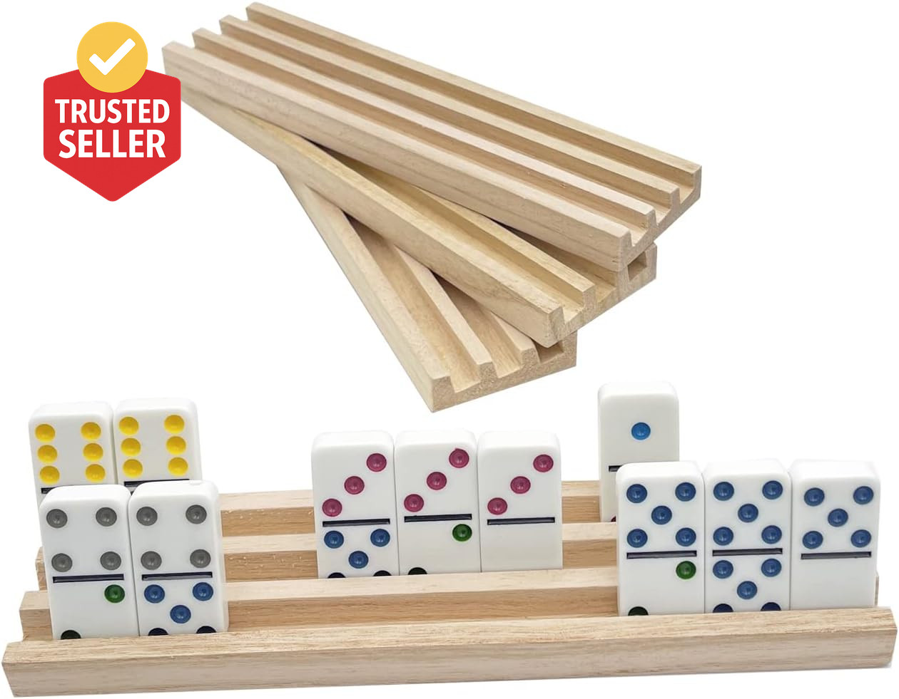 Wooden Domino Racks Set of 4 Natural Domino Trays Holders Organizer for Mexican