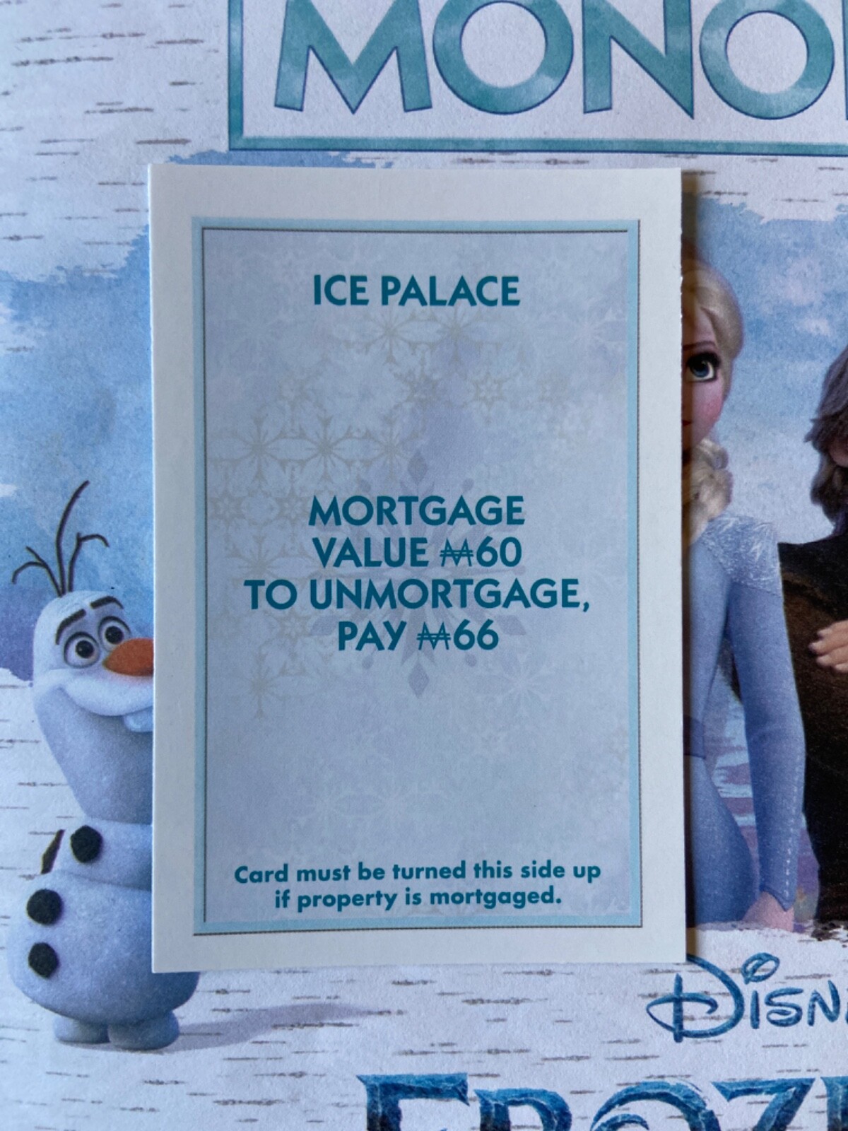 Disney Frozen Monopoly Ice Palace Light Blue Title Deed Card Game Piece Part