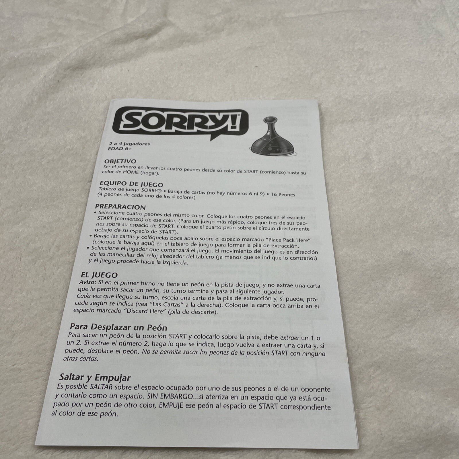 2005 Spanish Board Game Instruction Manual Replacement Part Only Hasbro