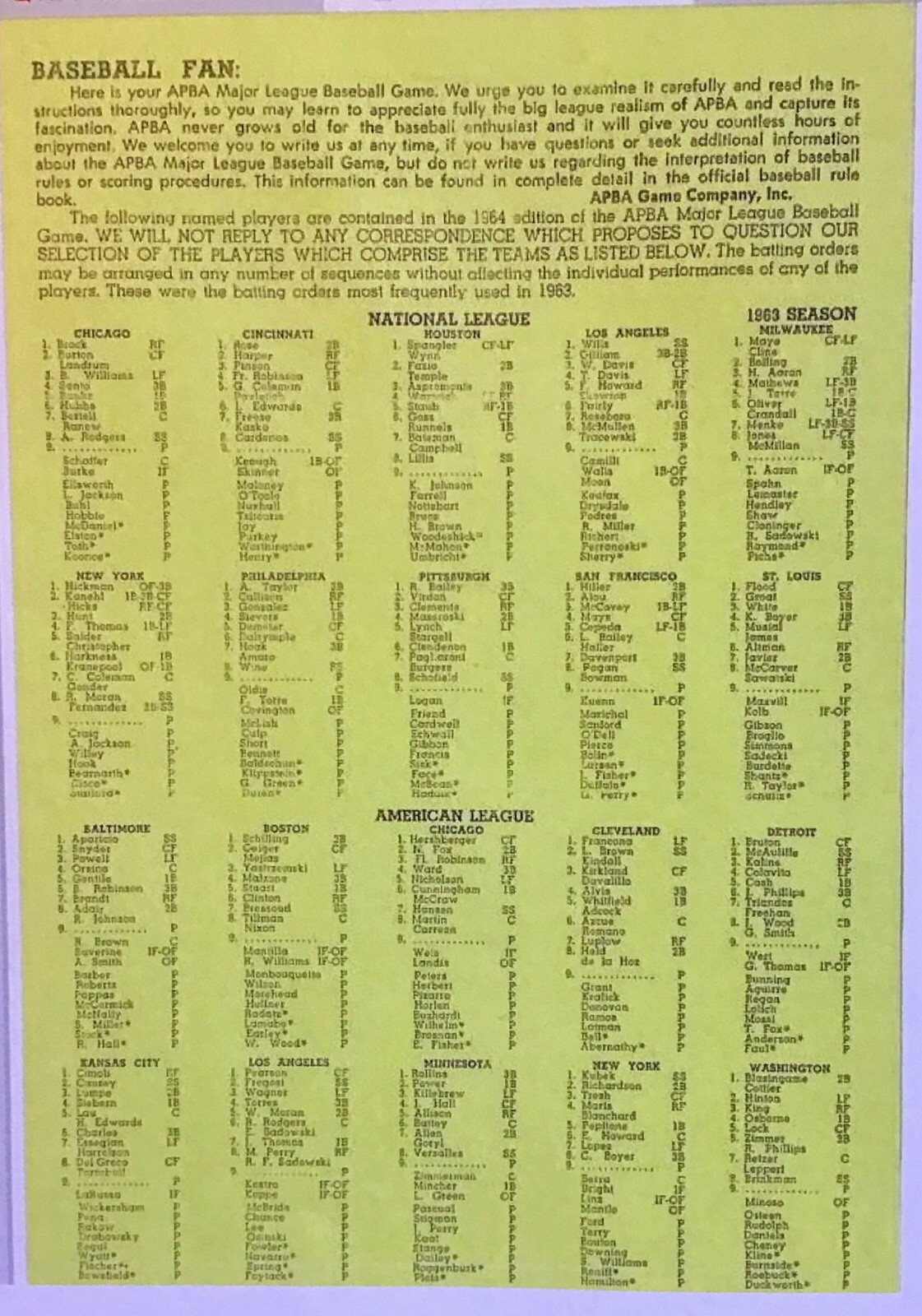 1963 APBA BASEBALL CARD SET. ORIGINAL ISSUE OF 400 Cards,20 Per Team.