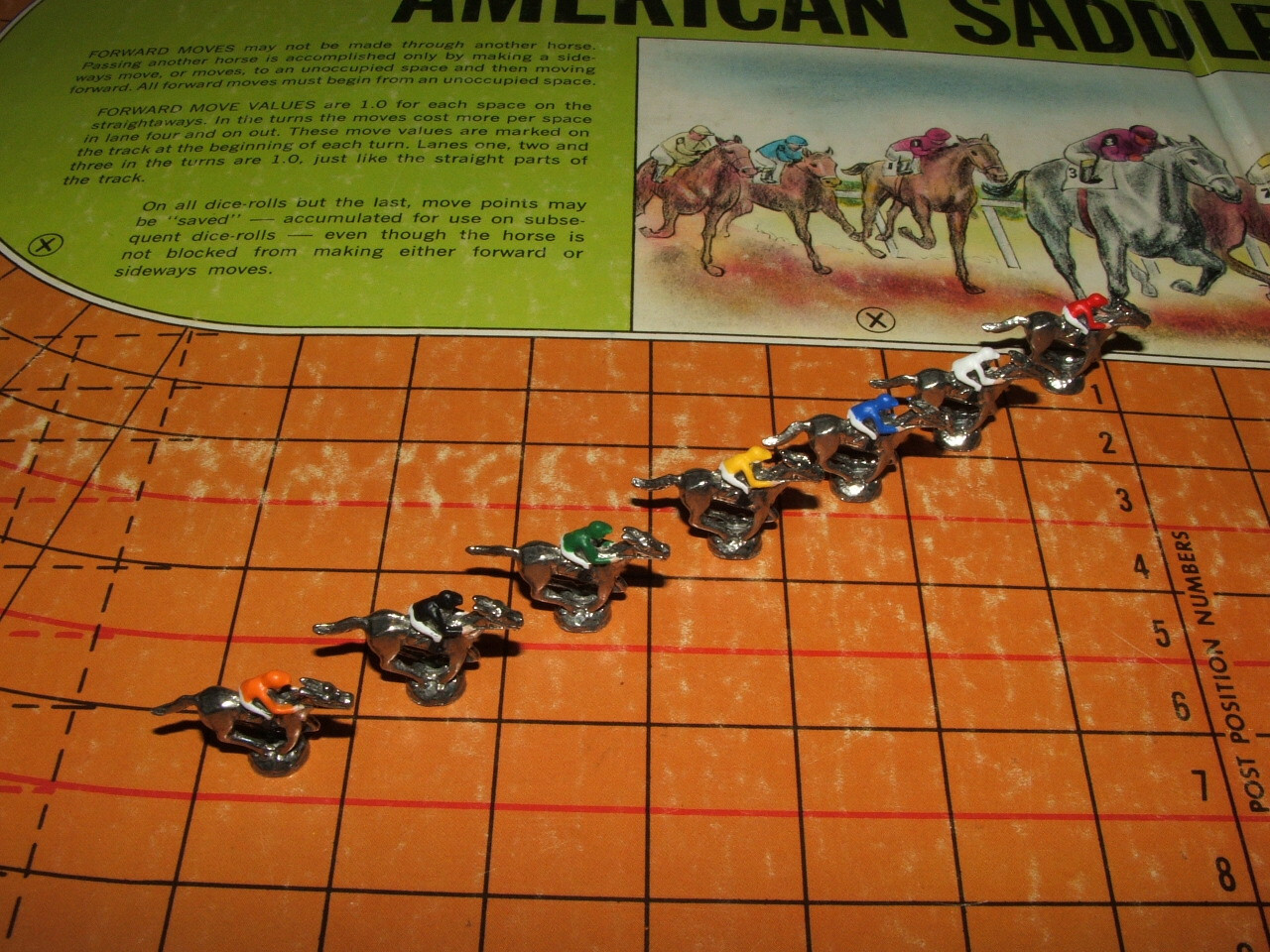 7 PIECE FIGURINE VINTAGE APBA AMERICAN SADDLE WIN PLACE SHOW HORSE RACING GAME