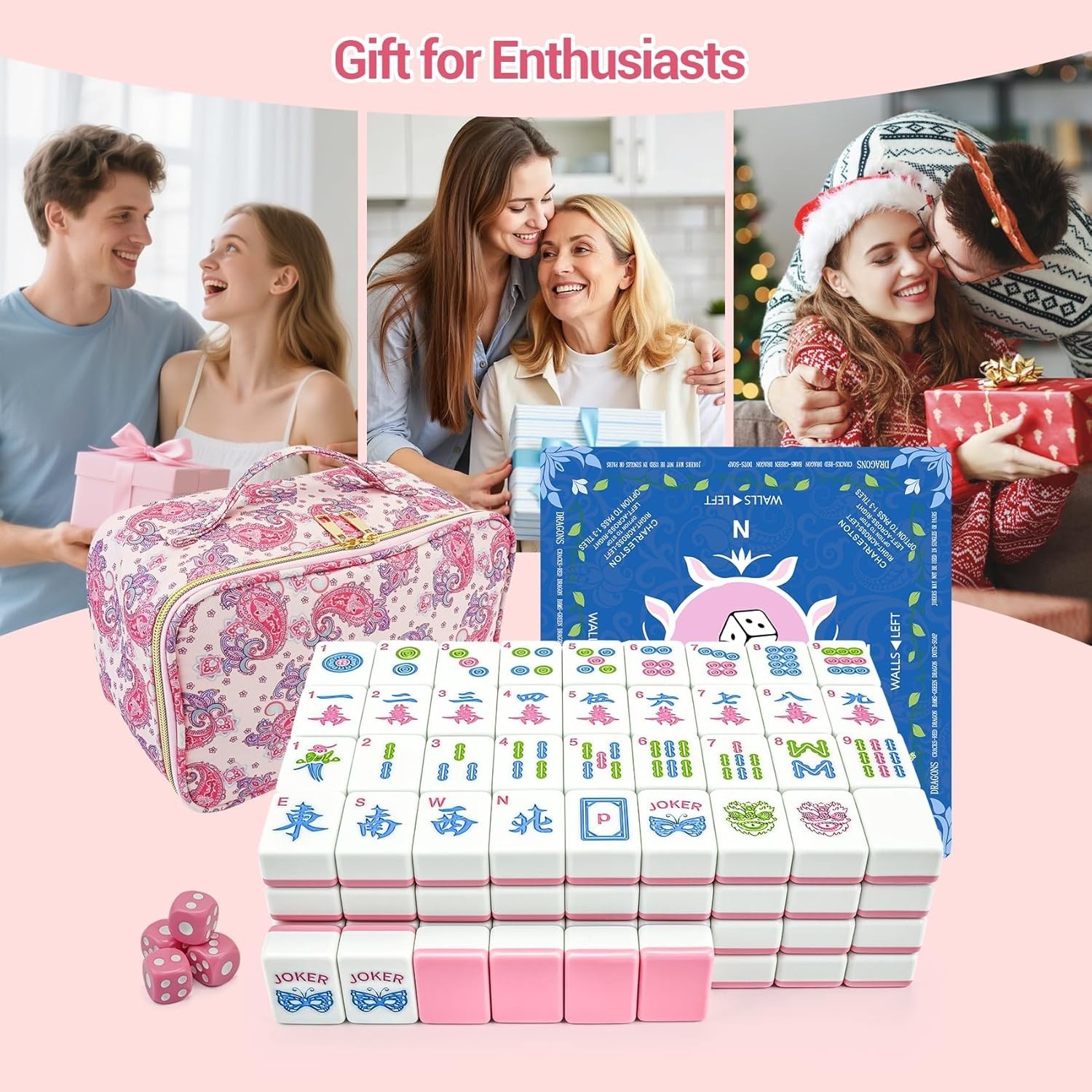 160 Pink American Printed Mahjong Game Set with Carrying Bag A