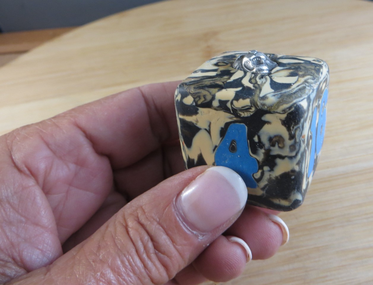 Jena’s Handmade Backgammon Doubling Cube Blue Tan Sterling Silver Wild Cat #410