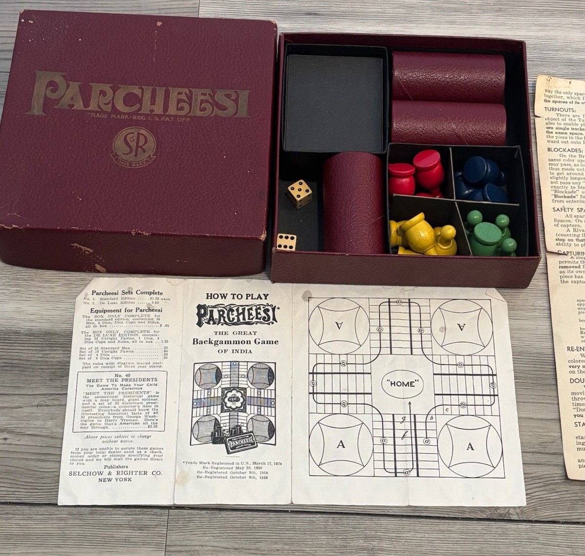 VTG Parcheesi Board Game Selchow & Righter Complete Set W/ Original Rules Box