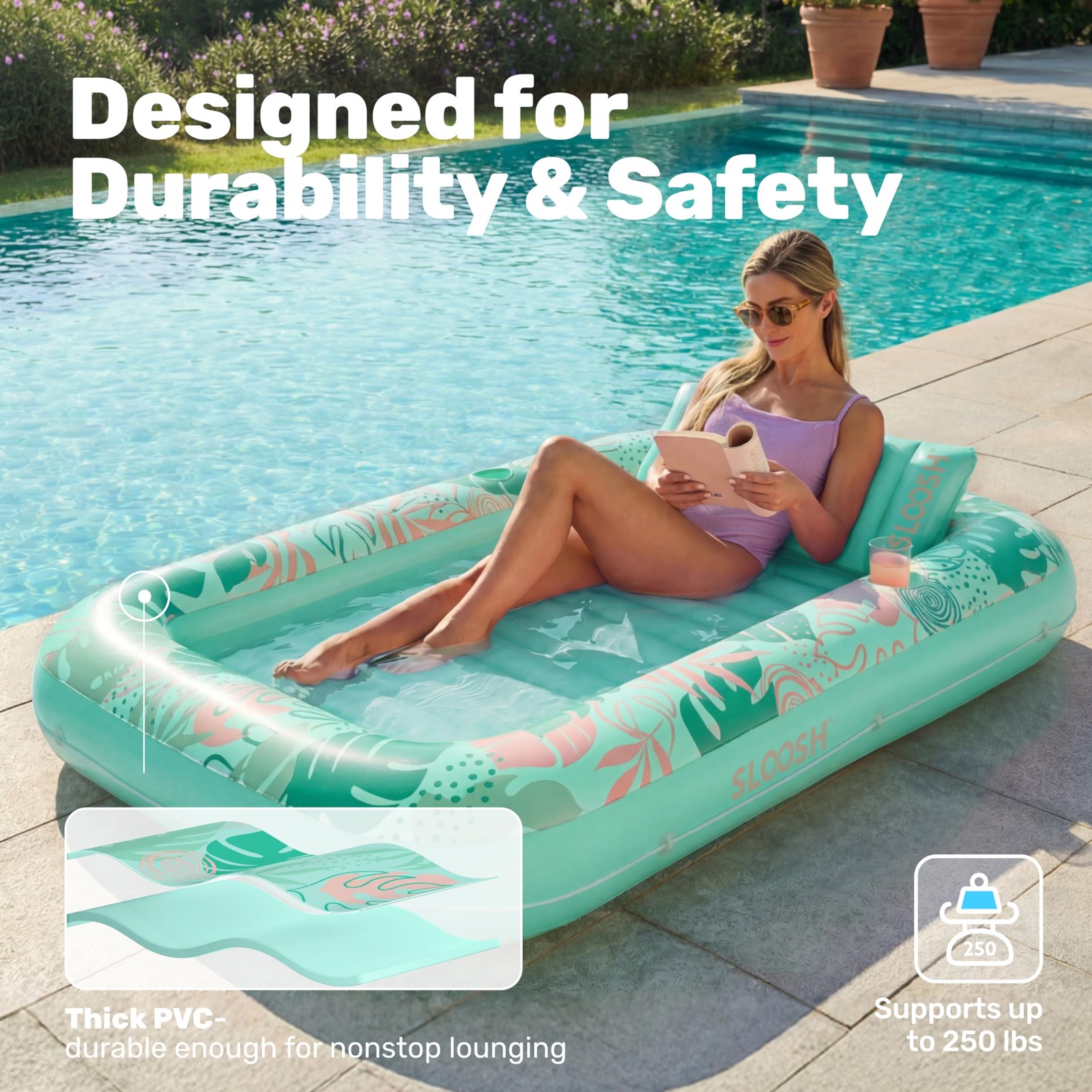 Pool Float Lounger 70 x 46 Inflatable Suntan Tub Large Aqua Blue SLOOSH Tanning