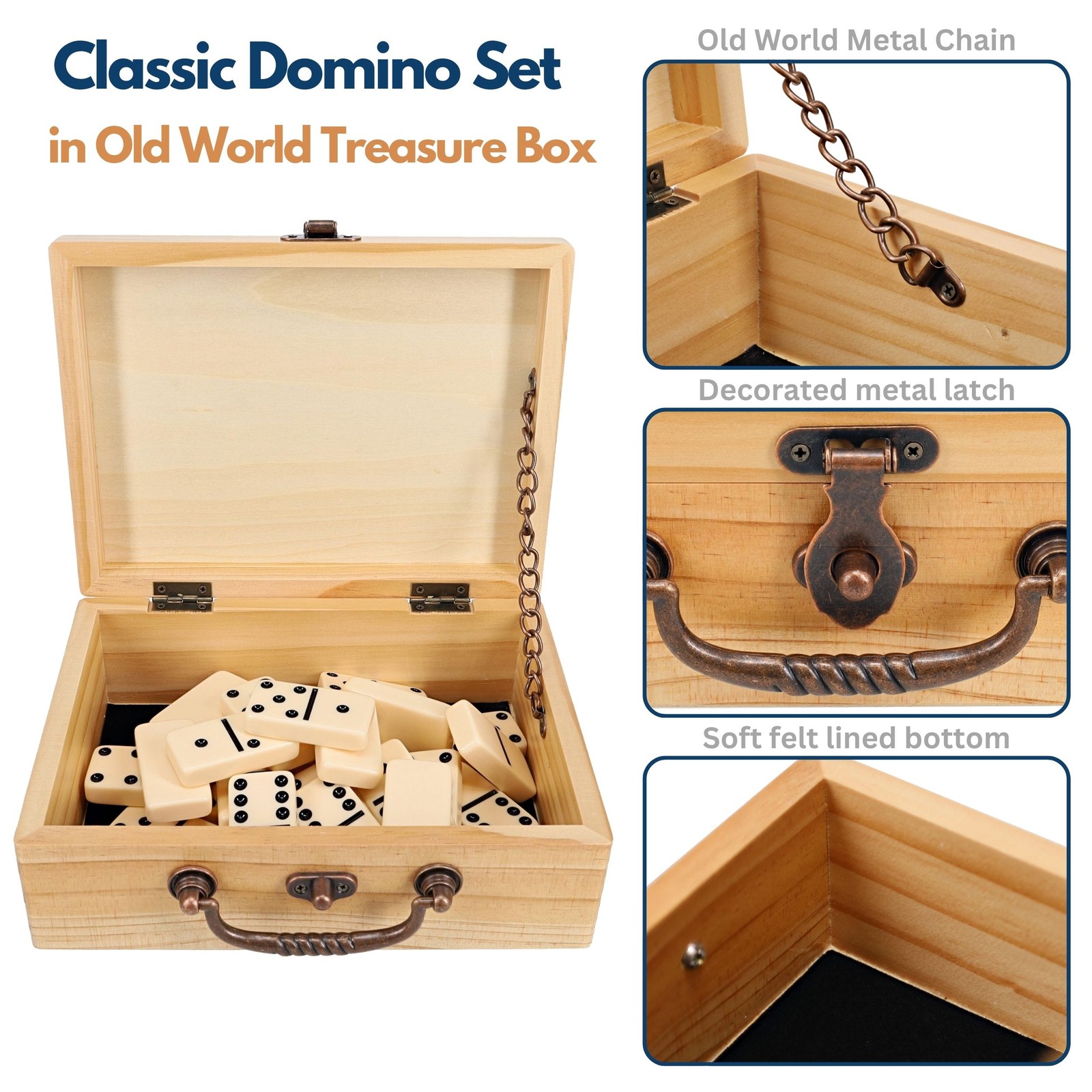 WE Games Double 6 Dominoes Ivory Color Tiles with Wooden Treasure Box