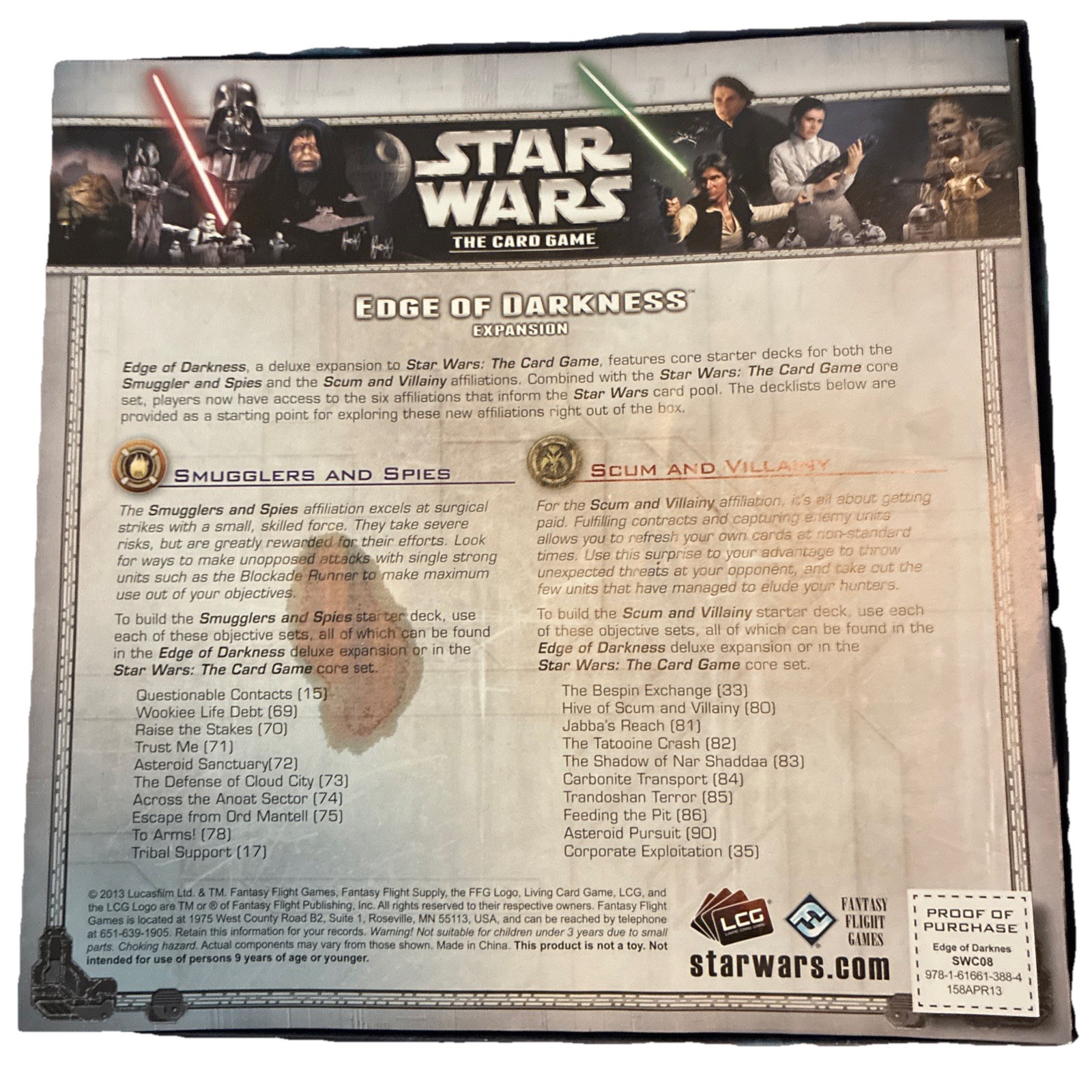 Star Wars The Card Game LCG Edge of Darkness Exp FG 2013 VG/EX