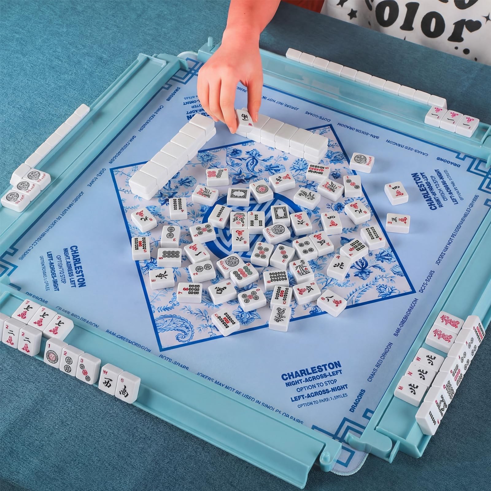 4 Pcs 18.7 Inch Misty Blue Acrylic Mahjong Tile Racks with Pushers for Game N…