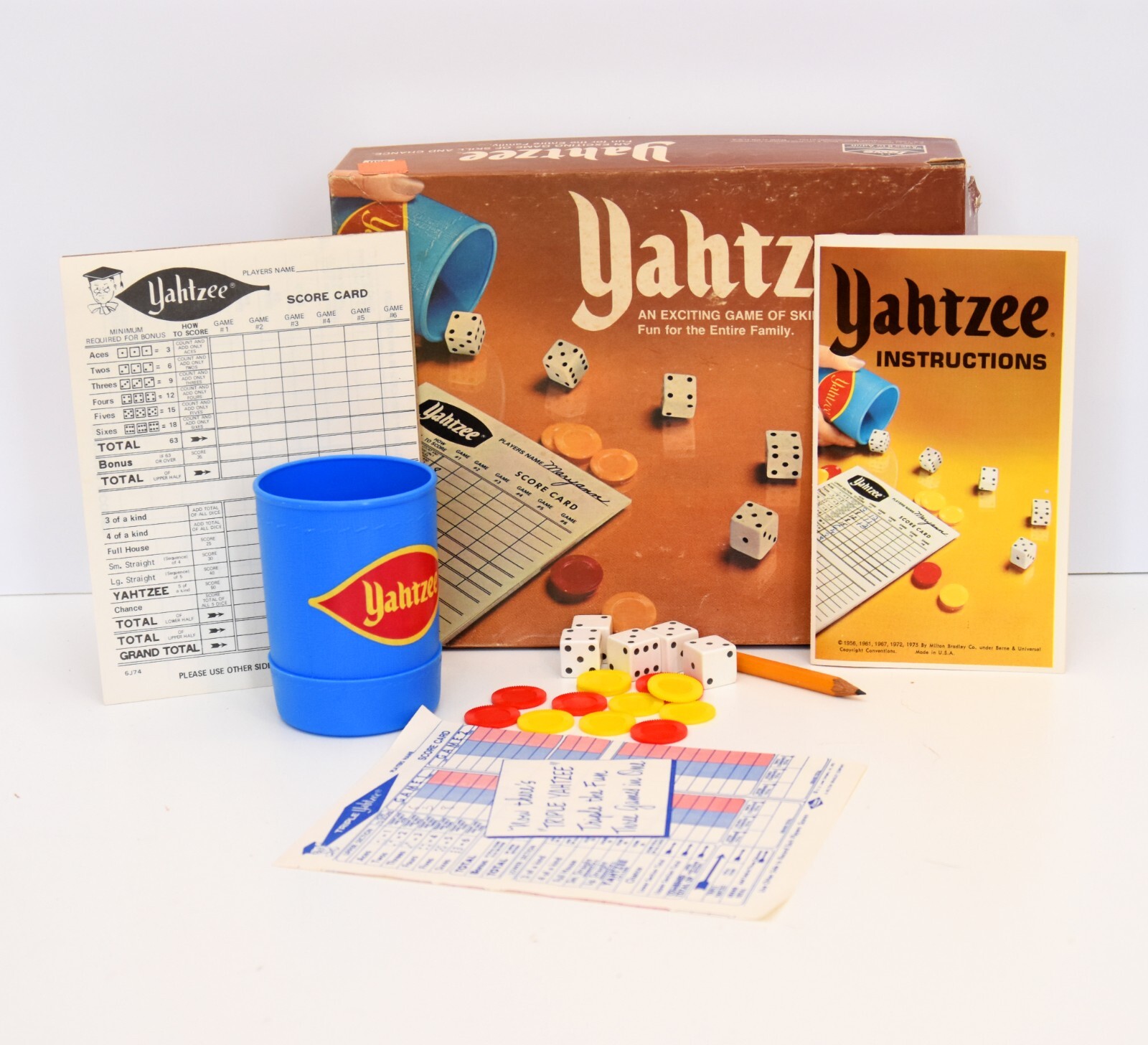 Vintage Yahtzee Light Blue Shaker Cup, Dice, Chips, Instructions And Score Cards