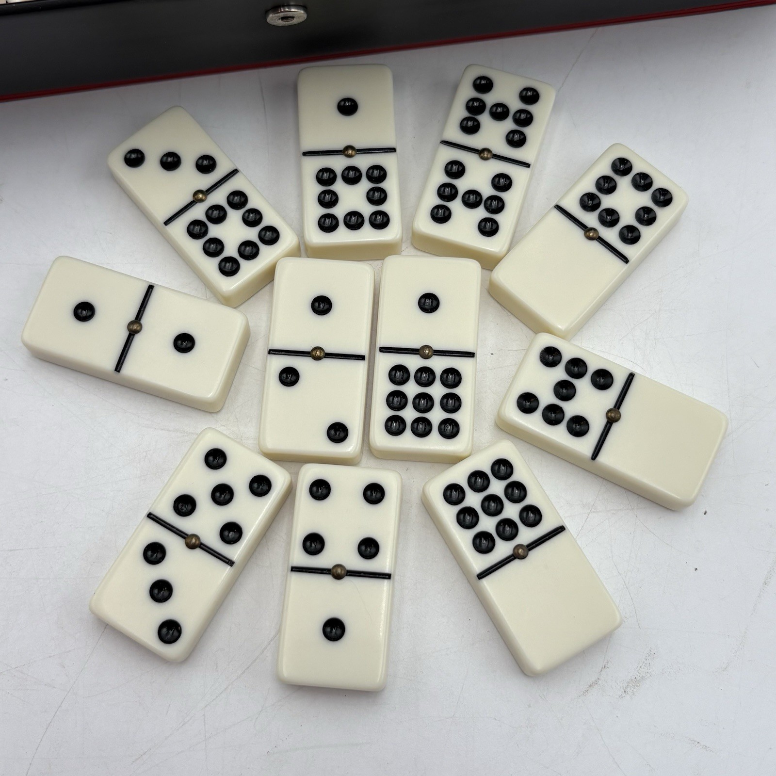 Colton Lewis Double Nine Domino Set Ivory Tone Brass Spinner Resin 55 Tiles Case