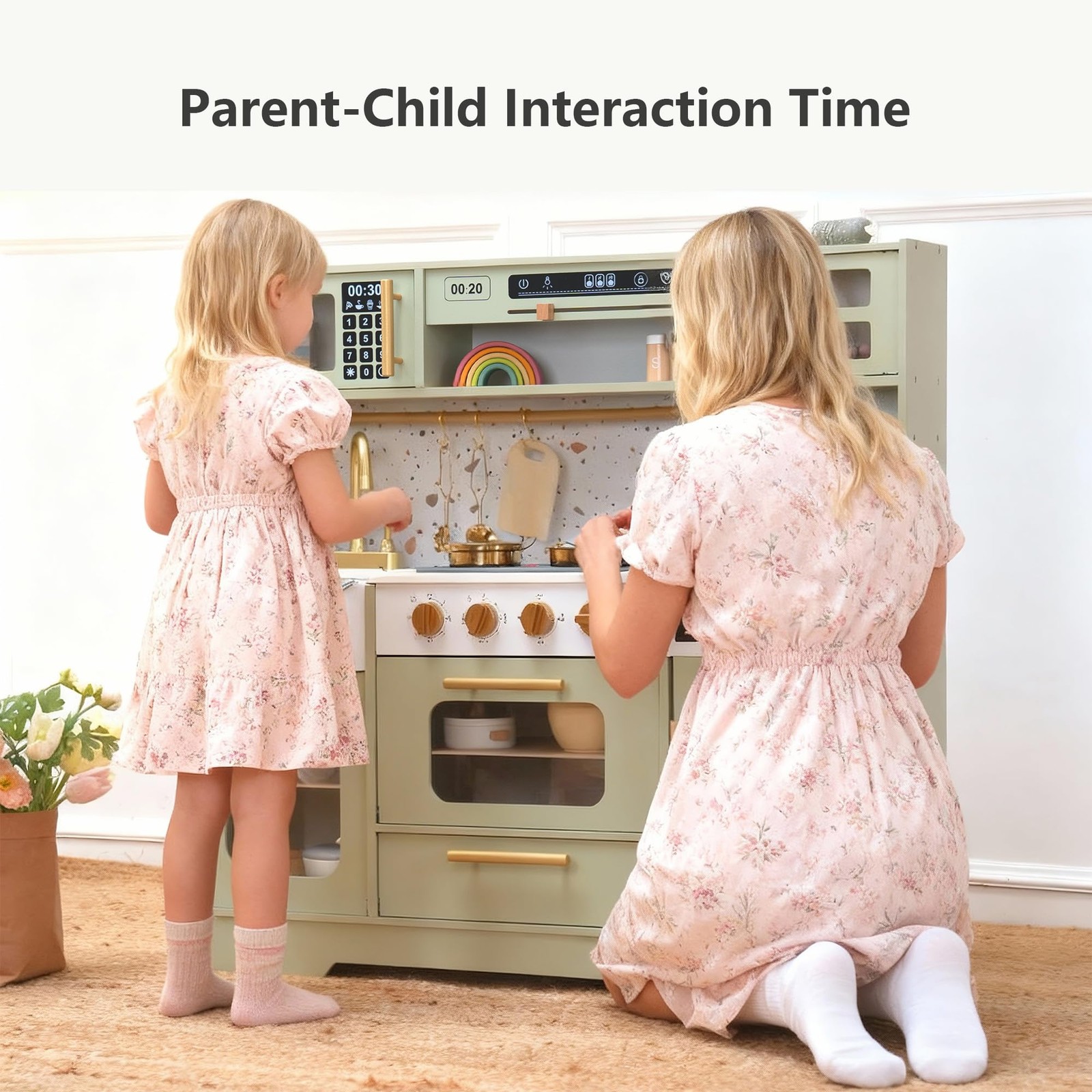 Kids Wooden Play Kitchen Set Stove Sink Coffee Maker 15 Accessories Realistic