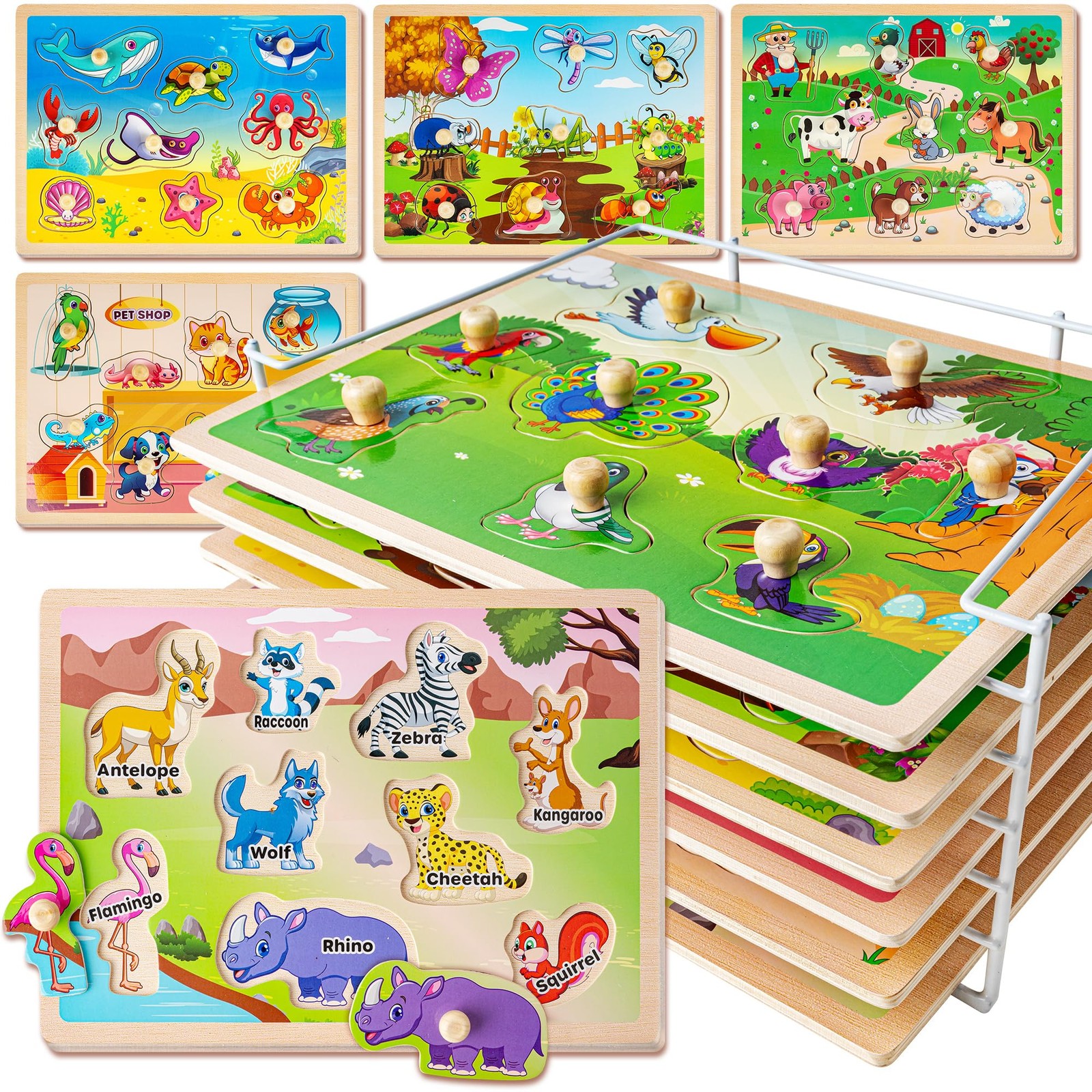 Wooden Puzzles Toddlers Ages 1-3 Animals Educational Montessori 6X Set 2-4