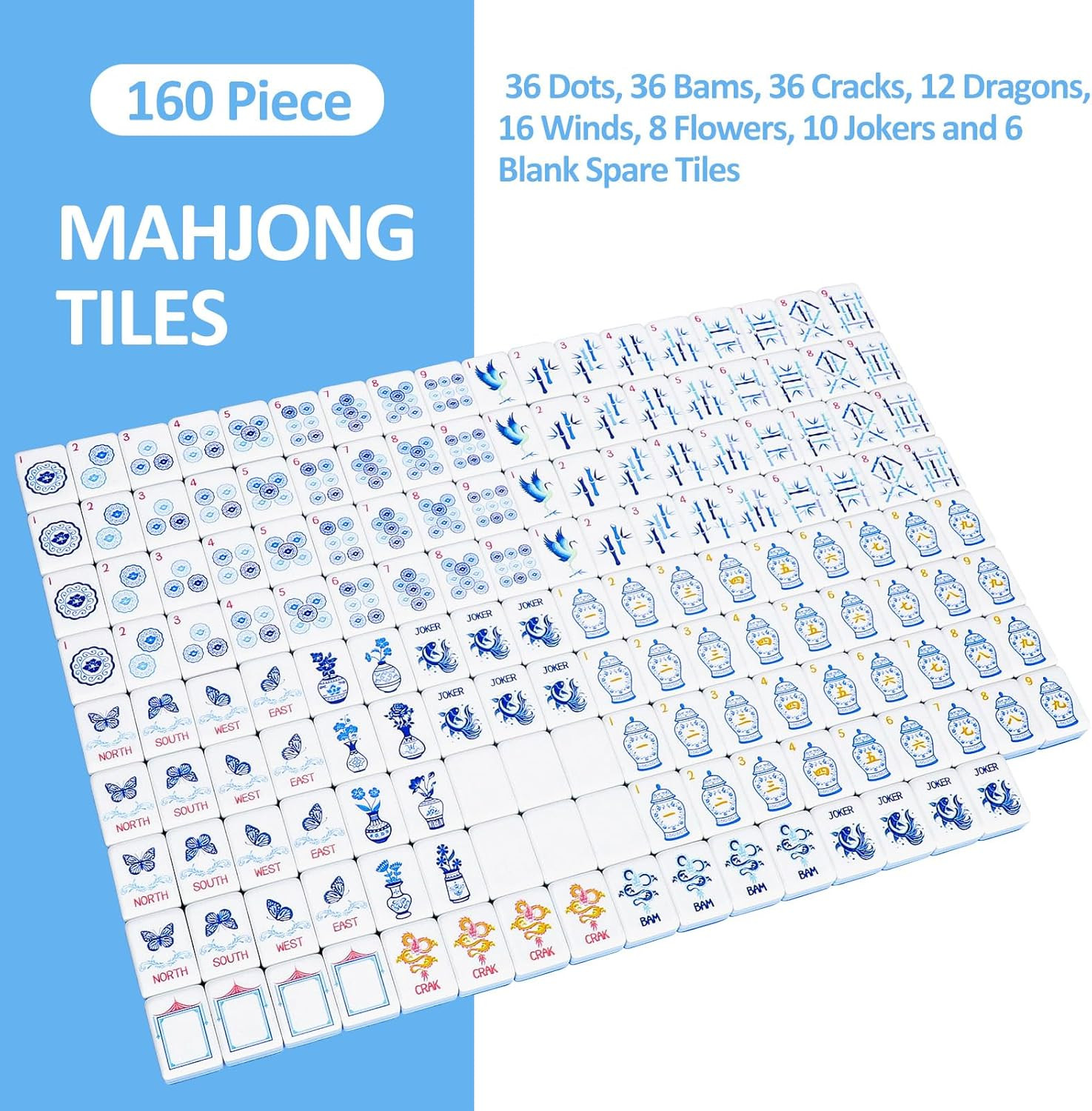 Light Blue American Mahjong Tile Set(1.2″), 160 Engraved Tiles with Mahjong Tile