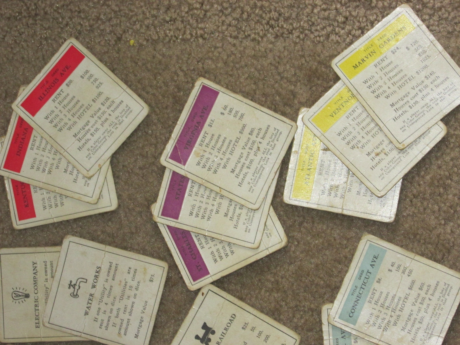 Vintage Monopoly Cards, 2 Wooden Tokens & 24 Wooden Buildings ~1950’s-60’s~Used