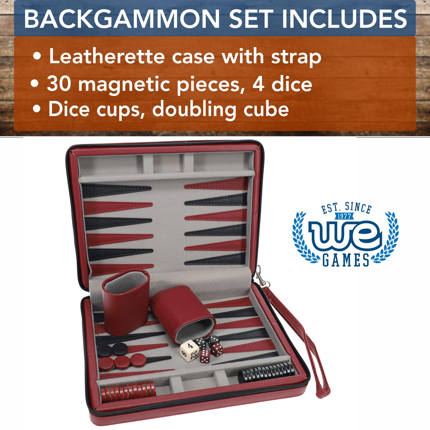 WE Games Magnetic Backgammon Set, Leatherette Case, Carrying Strap – Travel Size
