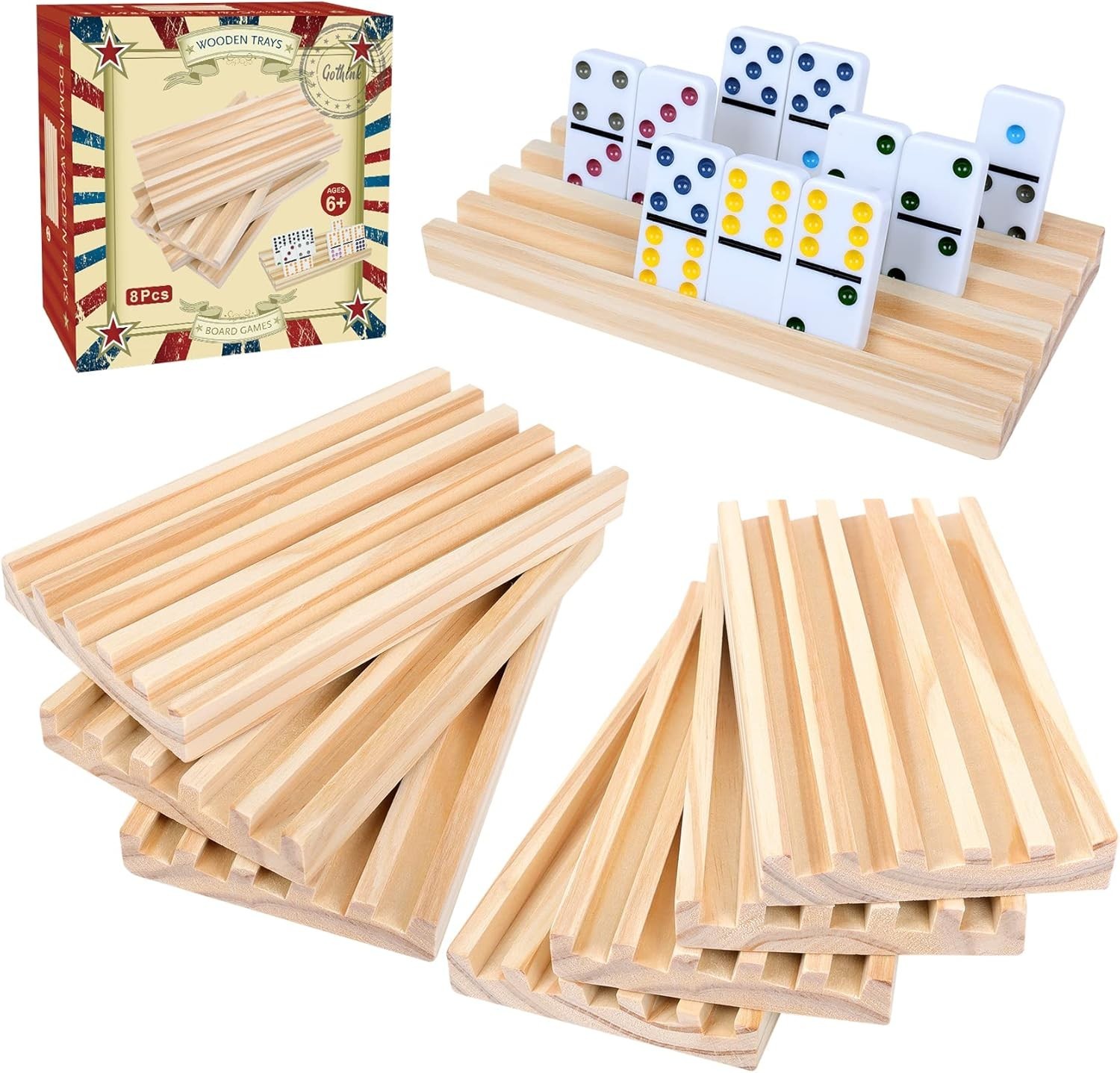 GOTHINK Wooden Domino Racks Set of 8 Trays for Mexican Train Dominoes Games Domi