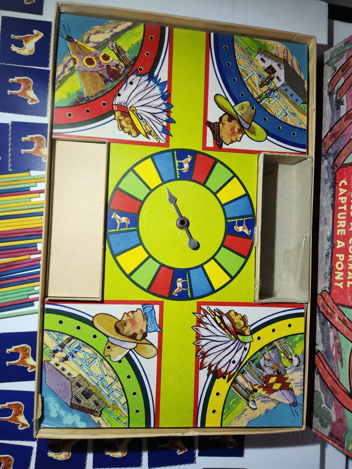 GAME OF COWBOYS AND INDIANS 1950 SAML GABRIEL SONS GREAT GRAPHICS WOODEN PIECES