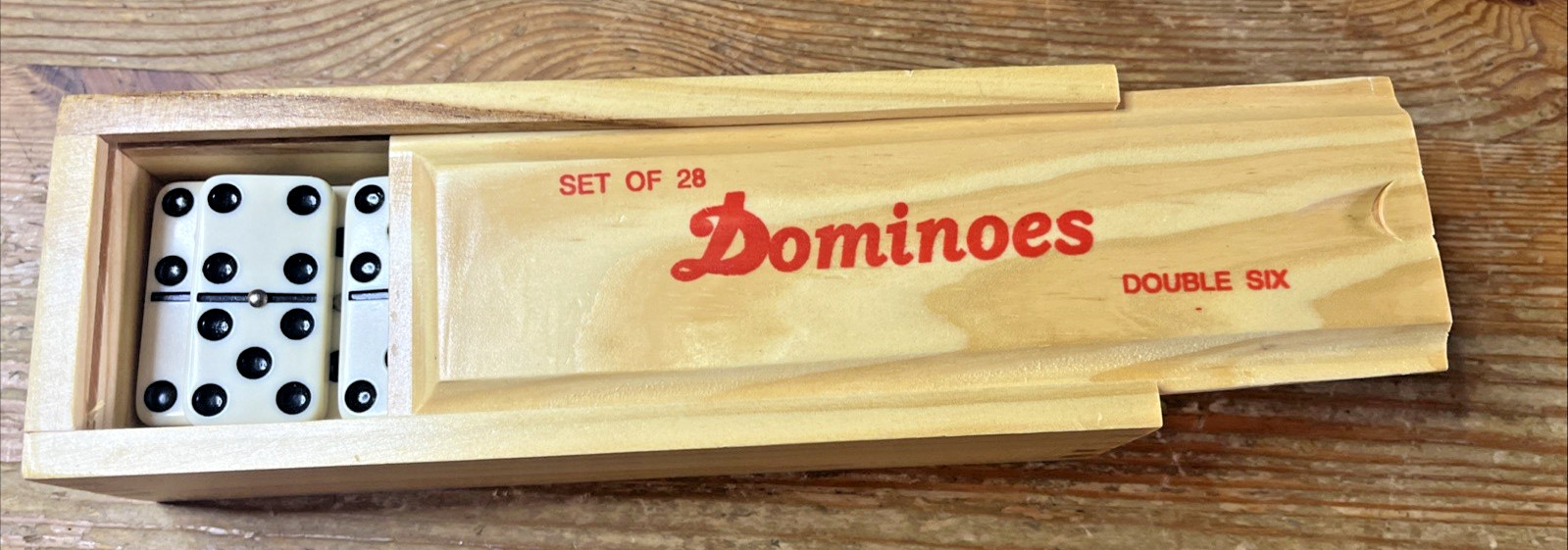 Double Six Dominoes Wooden Case Set of 28 Metal Spinner Wood Box