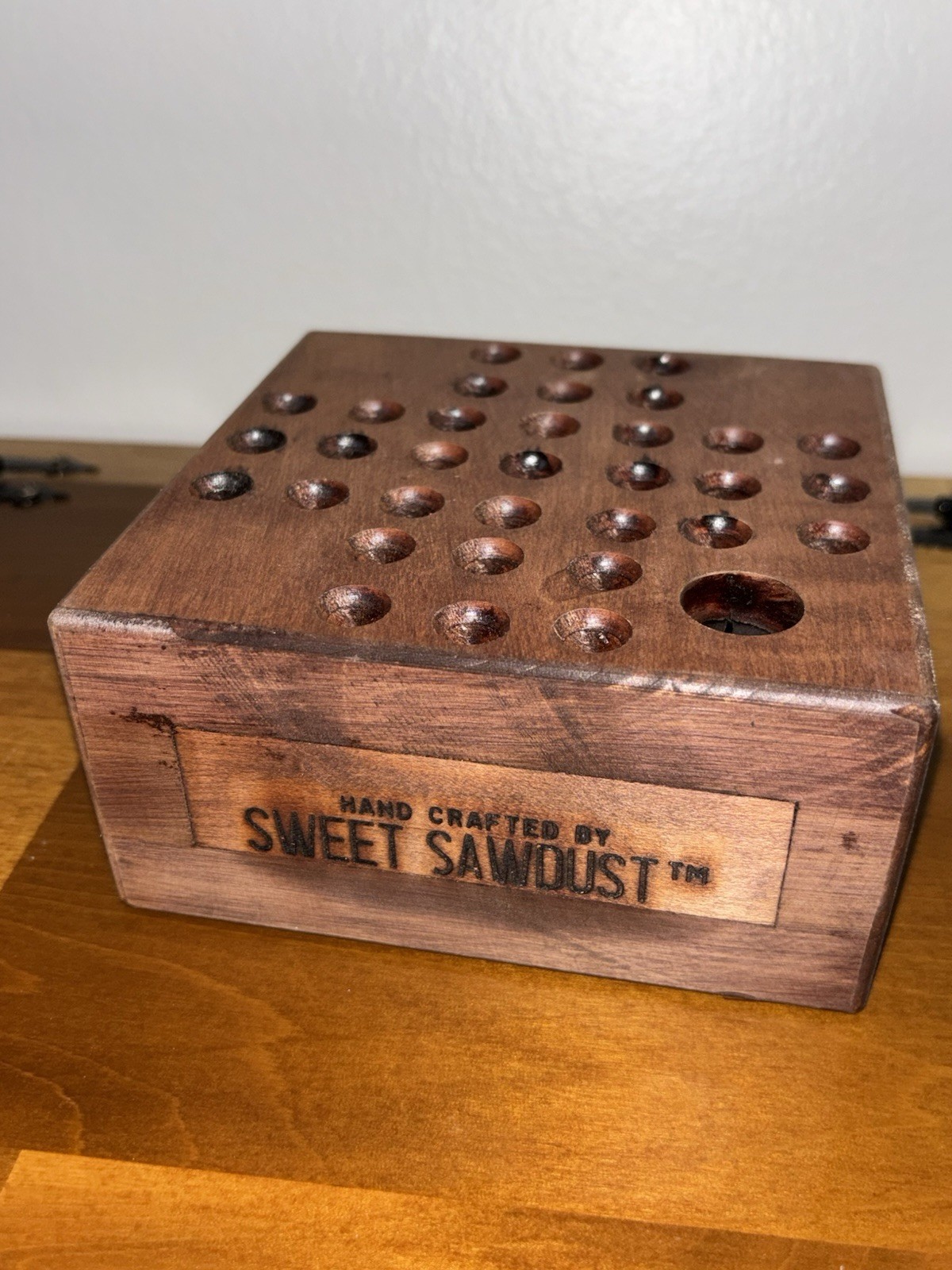 Vintage Handmade Marble Solitaire Game Solid Wood Board White Glass Marbles