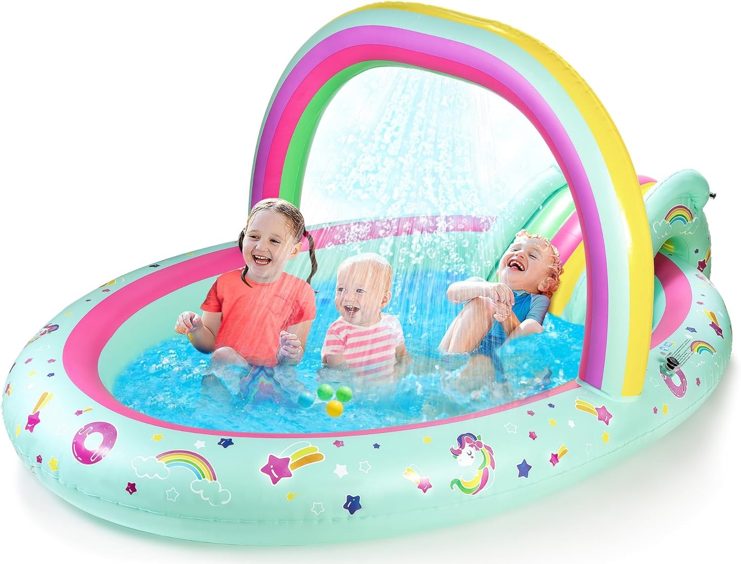 Rainbow Unicorn Inflatable Play Center Kiddie Pool W/ Slide & Sprinkler Children