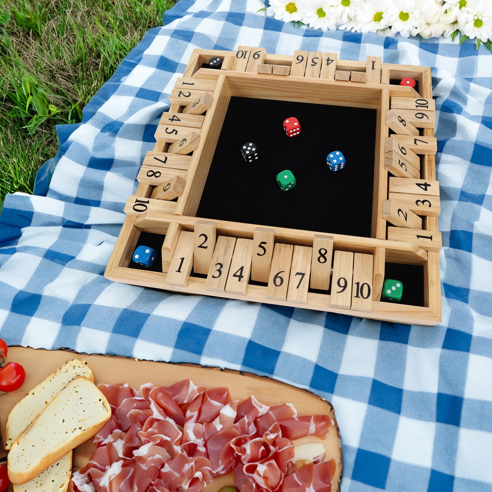 Pacific Shore Games 4 Player Shut The Box Dice Game, Natural Solid Wood, Large