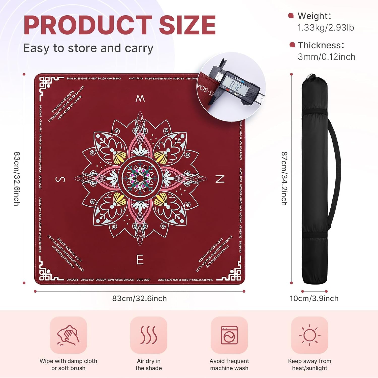 32×32 Red Mahjong Table Mat Non Slip Table Cover with Mahjong Rules and