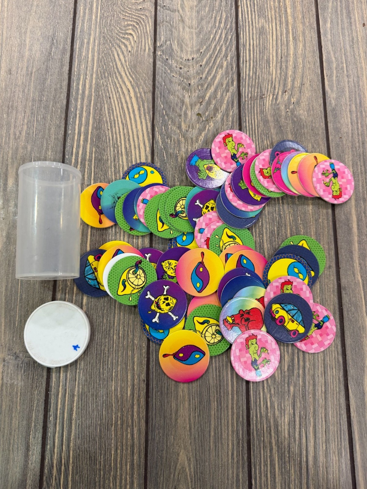 Vintage 90s Pogs Lot With Bright Graphics & Tube Container – Assorted Designs