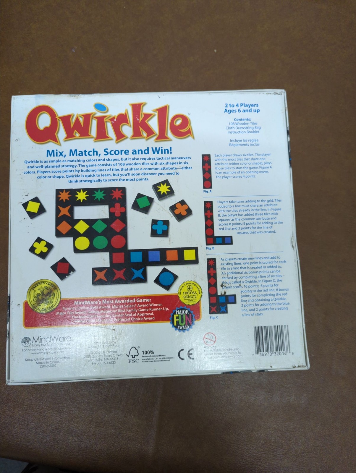 Qwirkle Board Game For 2-4 Players Ages 6+ Mix Match Score Fun Mensa Select Awar