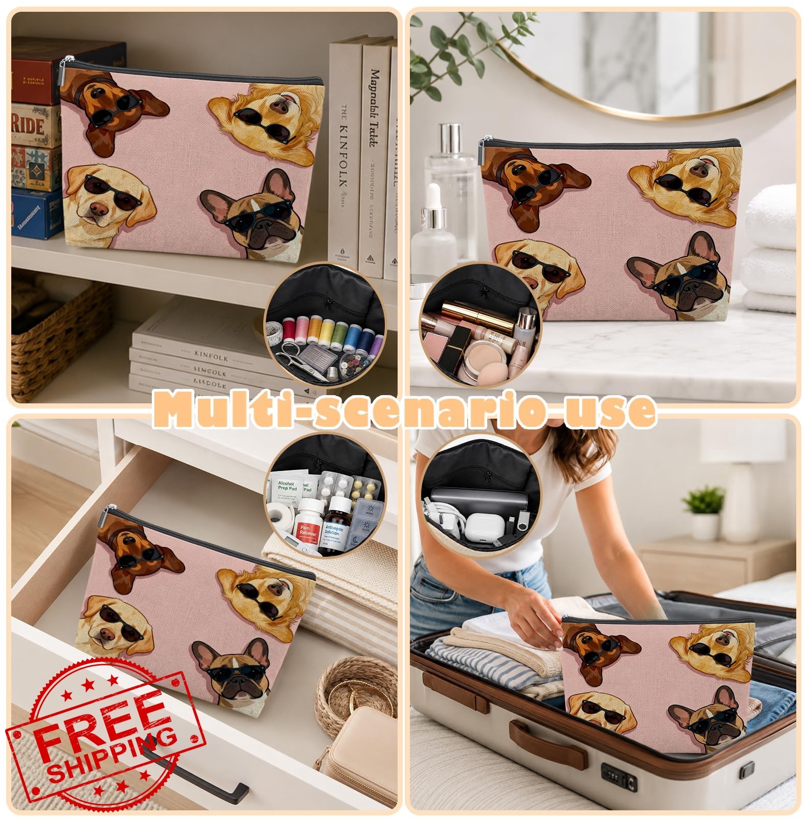 BNHJKFQZ Dog Lover Gifts Empty Mahjong Tile Bag 13×7.8 Inch, Pink Funny Dog P…