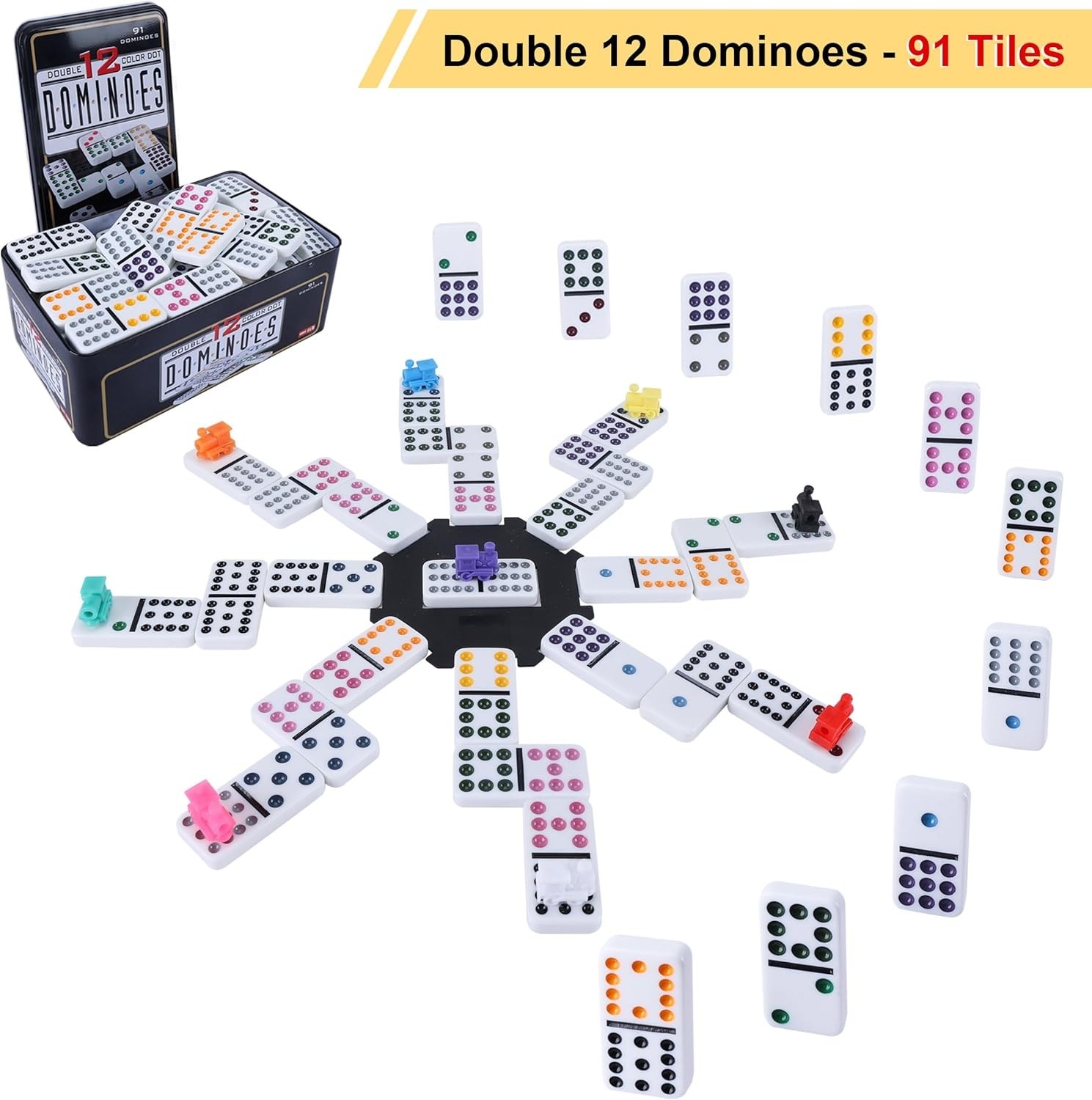 Double 12 Mexican Train Dominoes Set for Adults with 8PCS Wooden Holders, 9 T…